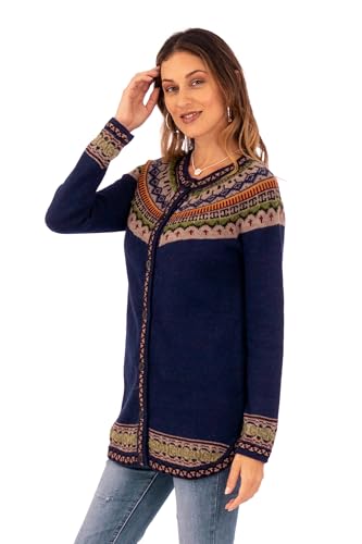 NOVICA Artisan Handmade Alpaca Cardigan Sweater Dark Blue tyle Buttondown Wool Clothing Patterned Peru Geometric 'Blue Peru'3