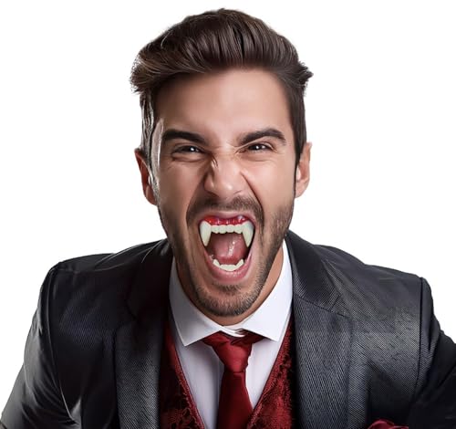 MIMIKRY Dentadura de vampiro, dientes superiores e inferiores, dientes de esquina, drácula, chupete de sangre para Halloween
