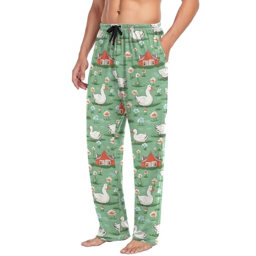 Men’s Cartoon Ducks Pajama Pants with Pockets, Comfortable Lounge Sleep Bottoms#754