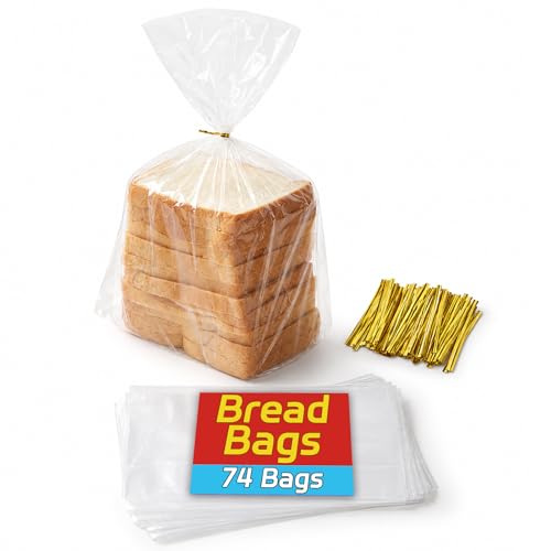 YovhVon 74 Clear Bread Bags With 100 Ties, Zero BPA, Easy Open, for Homemade Bread Sourdough, Plastic Storage Bags, for |a Loaf, Sandwich, Cookies, Pans, Loaves, Give as Gift, Short-Term Freezer|