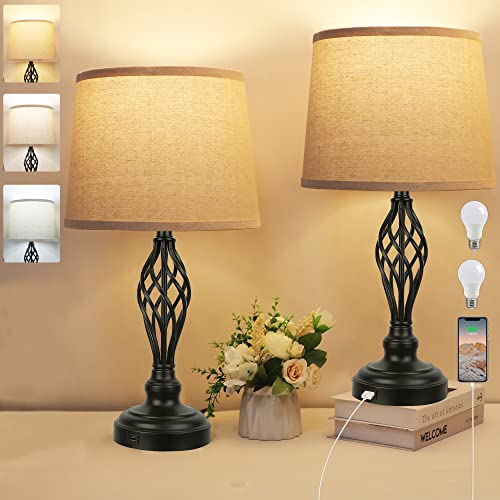 Partphoner Set Of 2 Table Lamps With Usb Port, Farmhouse Bedside Lamps With 3-Color Temperature, Nightstand Lamp Large Cream Drum Shade Spiral Cage Base Desk Lamps For Living Room, Home Bedroom #TOP11