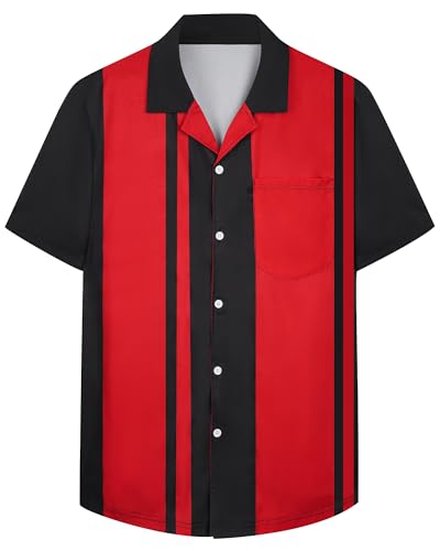 Bowling Shirts for Men Short Sleeve Hawaiian Button Down Shirts 1950s Vintage Beach Casual Shirt with Pocket