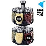 Raganet Especiero Giratorio 2 Niveles con 12 Frascos de Vidrio 110 ml, Tapa Acero Inoxidable, Embudo de Silicona, Etiquetas...