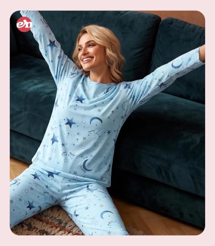 Image of ENJOYNIGHT Womens Pajama Set Cotton Pjs Long Sleeve Sleepwear with Pockets | Two Piece Crew Neck Sleep Set, Elastic Waist Long Pant, Lightweight Loungewear