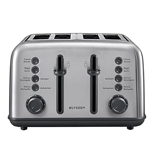 BUYDEEM DT640E Tostadora de Pan 4 Rebanadas de Ranuras Anchas, Tostador Vintage de Acero Inoxidable de 7 Niveles, Función de Calentamiento y Descongelación, Recolector de Basura Extraíble (Inox)