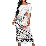 QUJUFOZY Plus Size Samoan Dress for Women Polynesian Dress for Women Traditional Puletasi Dress White Off The Shoulder Maxi Dress Tops and Skirt Set Traditional Tribal Mumus Lavalava Tatoo XL
