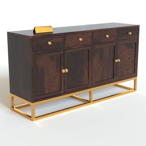 Image of Wooden Sideboard Cabinet for Living Room | Storage Cabinet with Drawers & Doors | Sheesham Wood Buffet Cabinet | Kitchen Cabinet for Home | Walnut Finish | 64 X 15.8 X 31.5 Inches