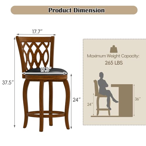 Image of 24 inch Counter Height Swivel Bar Stools Set of 2 for Kitchen Island, Farmhouse Barstool Chair with Back and Footrest, Upholstered Wood Barstools, Brown
