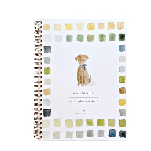 Animals Watercolor Workbook by Emily Lex Studio 12 Beginner Friendly Sketched Illustrations Lay Flat Spiral Pages 6.5 x 9 inch 120lb Watercolor Paper