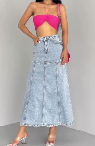 loveimgs Women Vintage Long Denim Skirt A Line Maxi Jean Skirt Y2k Patchwork High Waist Flare Skirt with Pocket4