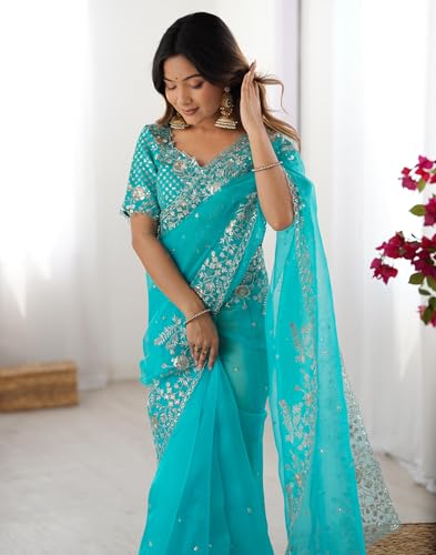 Image of SIRIL Women's Organza Sequence Embroidery Saree With Unstitched Blouse Piece