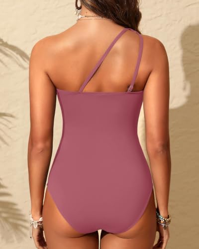 Image of Womens One Shoulder One Piece Swimsuit Mesh Ruched Tummy Control Swimwear