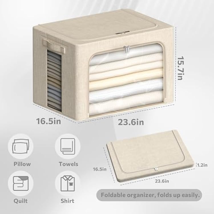 4 Pack Clothes Storage Bins with Metal Frame - Linen Fabric Foldable Stackable Container Organizer Set with Clear Window & Carry Handles & Zippers (Beige, 23.6x16.5x15.7)