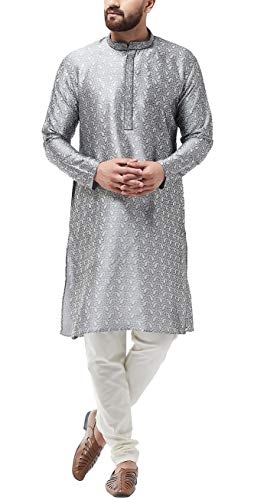 Sojanya (Since 1958 Men'S Silk Blend Grey Kurta And Off White Churidar Pyjama Set, Size 42