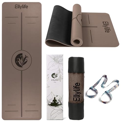 Ellylife Esterilla Yoga Antideslizante con Marcas de Alineación, Caucho Natural y Eco PU Mate, Extra Gruesa Duradera Yoga Mat con Correa para Pilates, Yoga, Ejercicio y Hot Yoga(Marrón)