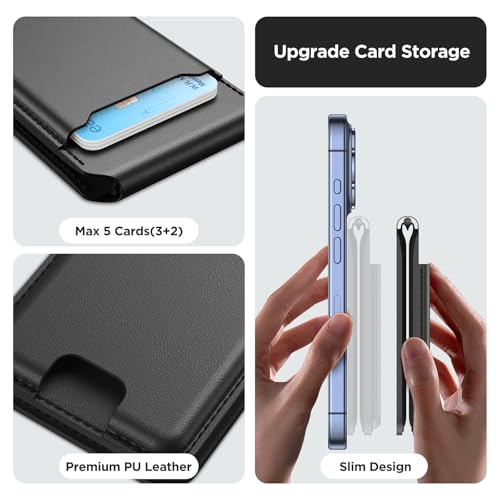 Image of Miracase Magnetic for iPhone 17 Pro Case & Stand Wallet, Compatible with MagSafe, Integrated Silicone Camera Control Cover, Magnetic Force 3000Gs,5-Card Holder,Black+Black
