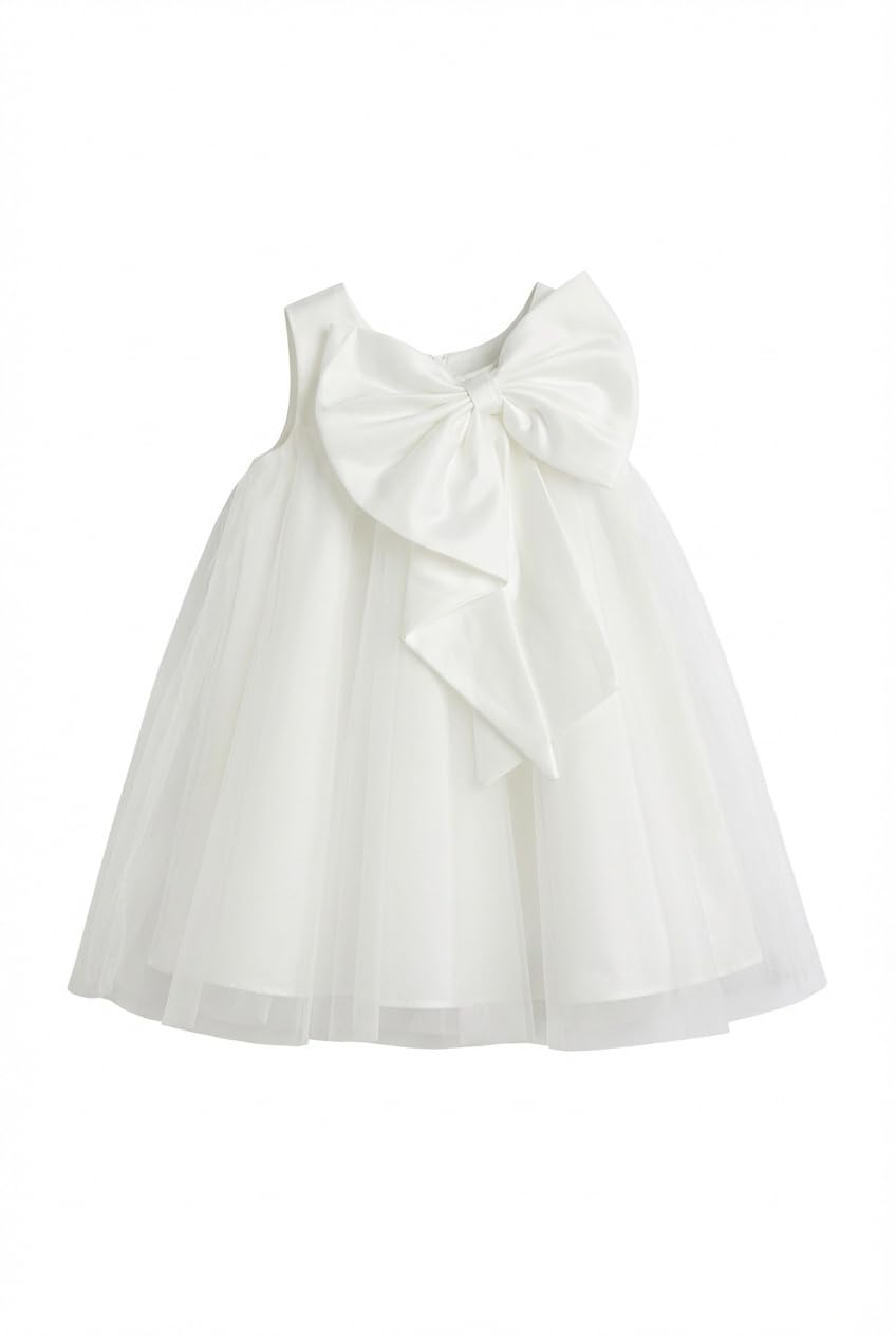 Elegante abito bianco da ragazza Isabella con grande fiocco, ideale per battesimo, matrimonio e feste