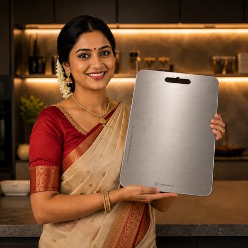 Image of OrganizeMee Stainless Steel Cutting Chopping Board Fruit, Vegetable Kitchen Chopping, Stand Wall Mounted Hanger, (Large /36X25 Cm)