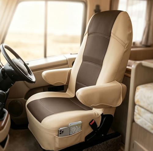 BeadChica 2 Pack RV Seat Covers-for Captains Chairs Leather Motorhome Seat Covers for Class-A RV Seat with Arm Rest Covers Coffee