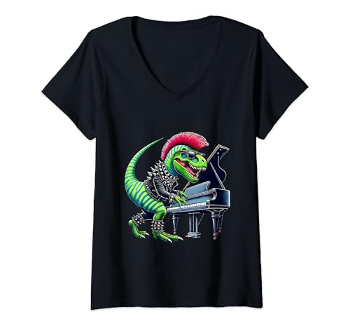 Mujer Lindo dinosaurio punk rock 'n roll dino piano reproductor de música divertido Camiseta Cuello V