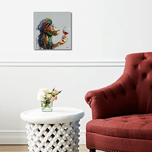 Yidepot Monkey Wall Art Canvas Thinking: Handpainted Monkey Painting On Canvas Drinking Wall Decor For Living Room Office Framed Ready To Hang (12"X12"X1 Panel) #TOP3