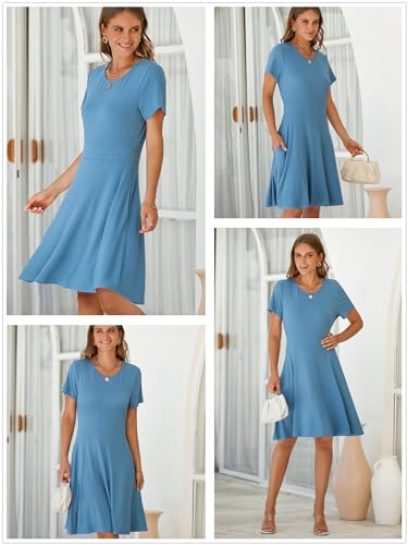 Image of Newshows Womens 2025 Summer Dresses Short Sleeve Ribbed Knit A-Line Swing Beach Vacation Outfits Casual Sundress with Pockets