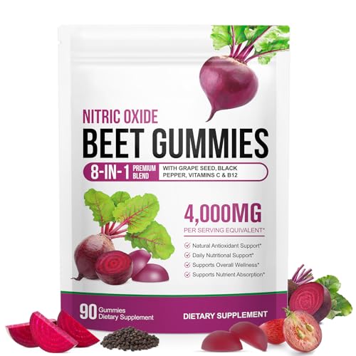 Beetroot Gummies 90 Gummies 20:1 High-Concentration Beetroot Extract Supplement with Vitamin C B12 Grape Seed Extract & Black Pepper Boost Energy Levels Supports Immune & Heart Health