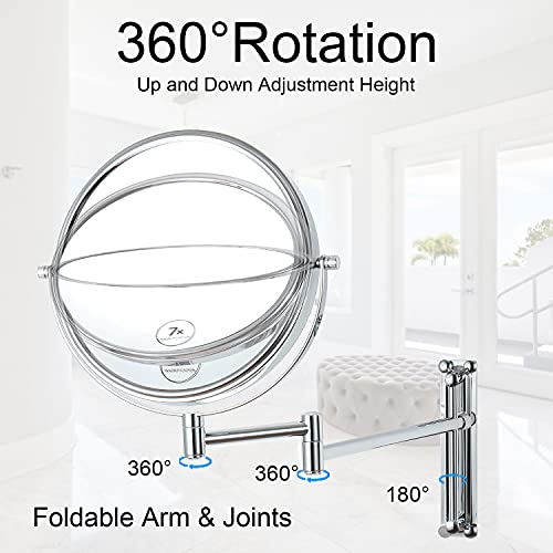 Lansi Wall Mount Makeup Mirror, 7X Magnification Mirror Adjustable Height Double-Sided Bathroom Mirrors Wall Mount, 360°Swivel Wall-Mounted Mirrors Vanity Mirror For Bathroom Bedroom, Chrome #TOP2