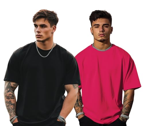Image of Veirdo Solid Oversized 100% Pure Cotton Combo T-Shirt for Men & Boys (Half Sleeves, Round Neck, Drop Shoulder, Baggy Fit, Pack of 2, Available in S to 2XL