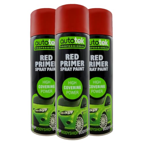 Image of RED PRIMER (PACK OF 3) Autotek 500ml Acrylic Spray paint High Build for Metal, Plastic,