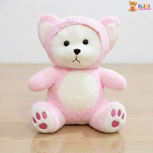 Image of ELITE CREATIONS Plush Teddy Bear, Pink, Soft Stuffed Animal, 45 cm, Hooded Costume, Paw Print Details (Hoodie Bear)