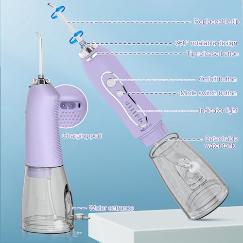 Water Dental Flosser Teeth Pick, H2ofloss Cordless Portable Oral Irrigator 300ML Rechargeable Travel Irrigation Cleaner IPX7 Waterproof WaterFlosser for Home Travel Lavender — view 5