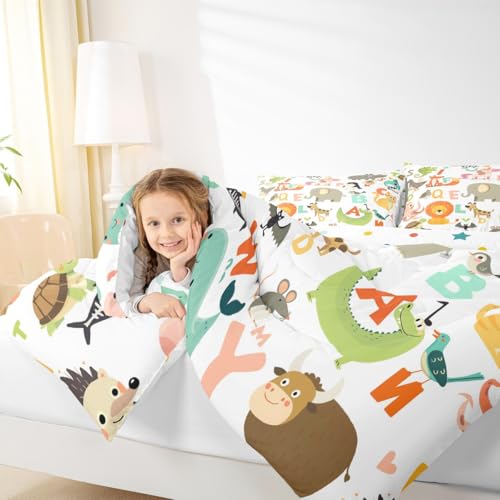Image of Feelyou Kids Cartoon Wild Animals Bedding Set for Girls Boys Nursery Letter Comforter DecorWildlife Decor Comforter Set Nature Vibrant Colorful Duvet Set Twin Size Quilt Boys