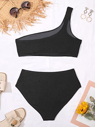 Pfreesea Women One Shoulder Bikini Set High Waisted Tummy Control Full Coverage Swimsuit Ribbed 2 Piece Bathing Suit Black thumb #6
