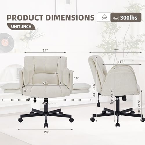 Image of Criss Cross Chair with Wheels & Outward-Folding Arms, Cross Legged Office Chair, Built-in Dynamic Airbag Lumbar Support, Wide Seat Desk Chairs for Home Office, Apartment, Vanity, Beige