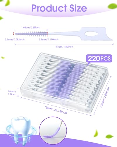 YEERSUO 220 PCS Dental Floss Picks, Soft Silicone interdental Brush, Floss Picks for Teeth, Toothpicks Brush Between Teeth, Tooth Flossing Brush with Case, Disposable for Teeth Cleaning, Purple Color
