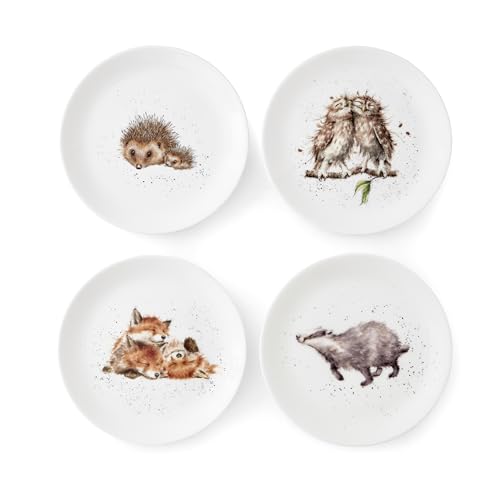 Wrendale Designs Royal Worcester Ceramic Plate in Two Sizes Hedgehog Badger Fox and Owl Set of 4 (20 CM Salad Plate), White