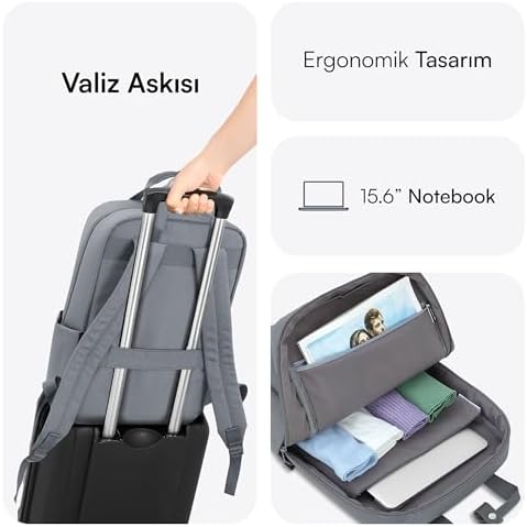 Mack MCE-1522 Nova Eco Çevre Dostu Laptop Sırt Çantası 15.6 inç, YKK Fermuarlı Bilgisayar Sırt Çantası, Kadın ve Erkek Günlük Çanta, Okul ve İş Çantası, Gri - Görsel 4
