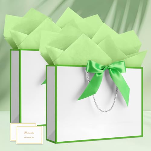 Image of JMANNI Gift Bags with Handles, 13 inch Medium Gift Bag for Presents, 1 Pcs Bags with 2 Tissue Paper and 1 Cards for Baby Shower Wedding Bridal Shower Mother's Day Birthday Party (White-Green