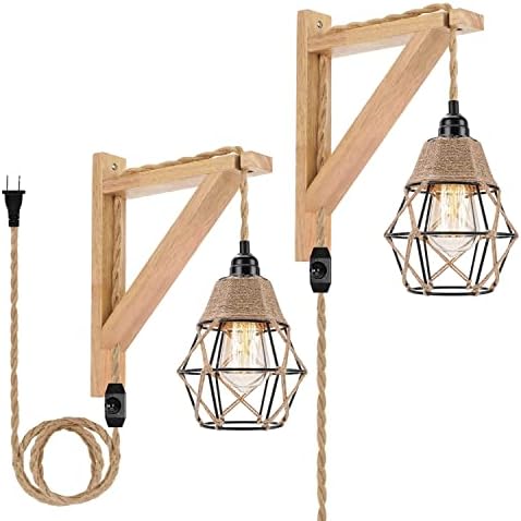 Plug in Wall Sconces Set of Two - Dimmable Wall Lamp with Plug in Cord, Farmhouse Rustic Wall Mount Light Fixtures with Wood Shelf Bracket And Dimmer ON/Off Switch Cord for Bedroom Bedside Living Room