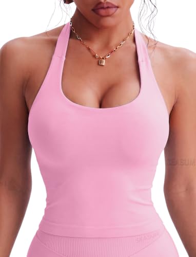 SEASUM Women's Halter Workout Tank Top Built-in Sports Bra Open Back Yoga - image 1