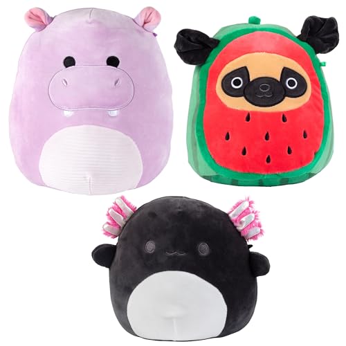 Squishmallows 25,4 cm y 20,3 cm – Juego de 3 – Hipopótamo, Axolotl, Sandía Pug – Peluche oficial de Jazwares – Juguete de peluche suave y blando coleccionable, regalo para niños, niñas y niños