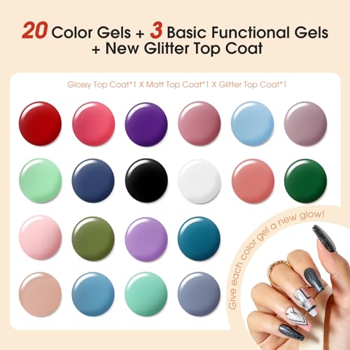ROSALIND Gel Nail Kit, 20 Colors Gel Nail Polish set with lamp starter kit, Base and Matte Glossy Glitter Top Coat Nail Kits Full Set for Beginners - Image 3
