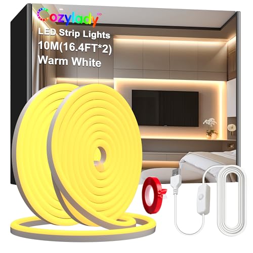 10m Warm White USB LED Neon Strip Lights，Cozylady Waterproof 3000K LED Rope Light 120LED/M, 1M USB Cable with Switch, Flexible Silicone Neon Strips for Mirror Wardrobe Kitchen DIY Home