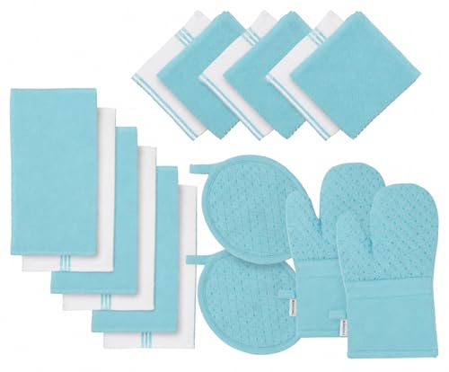 Image of Lane Linen 16Pc Kitchen Towel Set - Heat Resistant Oven Mitts & Pot Holders, Reusable Dish Cloths, Absorbent Hand Towels - Aqua