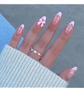 Pink Bow Press on Nails Medium Almond Fake Nails Nude Pink Nail Tips with Pearl Design Cute False...