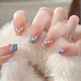 Blue French Press on Nails Medium with Pearl Design Cute Ballet Shaped False Nail Artificial Acrylic Coffin Full Cover Reusable Fake Nail Nature Fit Glue on Nails for Women