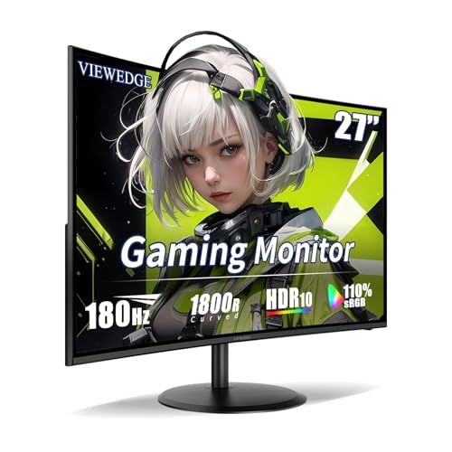 Image of Viewedge 27 inch Curved Gaming Monitor 180Hz 1ms 1080p Computer Monitor | 1800R VA Screen, 120% sRGB with FreeSync, Low Motion Blur, HDMI & DP, Built-in Speakers