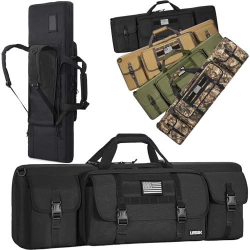 LASUK Double Rifle Backpack Tactical for 26” Rifles, Soft Short Rifle Case with 3 Magazine Holders and Molle System, Padded Rifle Backpack for Hunting and Shooting(Black)
