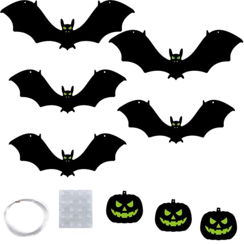 NJCXOLA Morcegos voadores, 10 peças, com olhos brilhantes e rolo de linha para decorações de Halloween, ao ar livre, jardim, festa, pátio, árvore